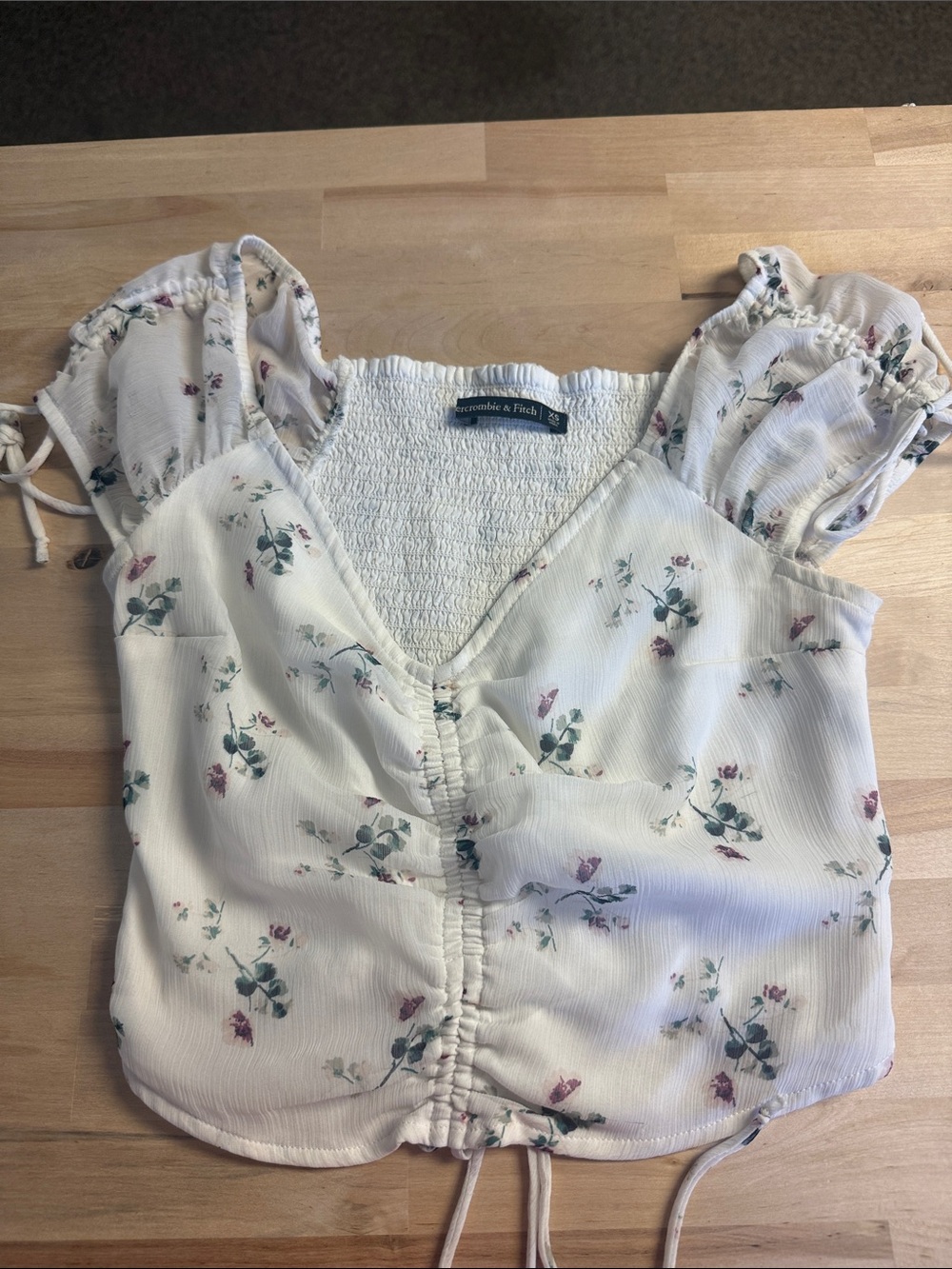 Abercrombie & Fitch Cream Floral Drawstring Crop Top